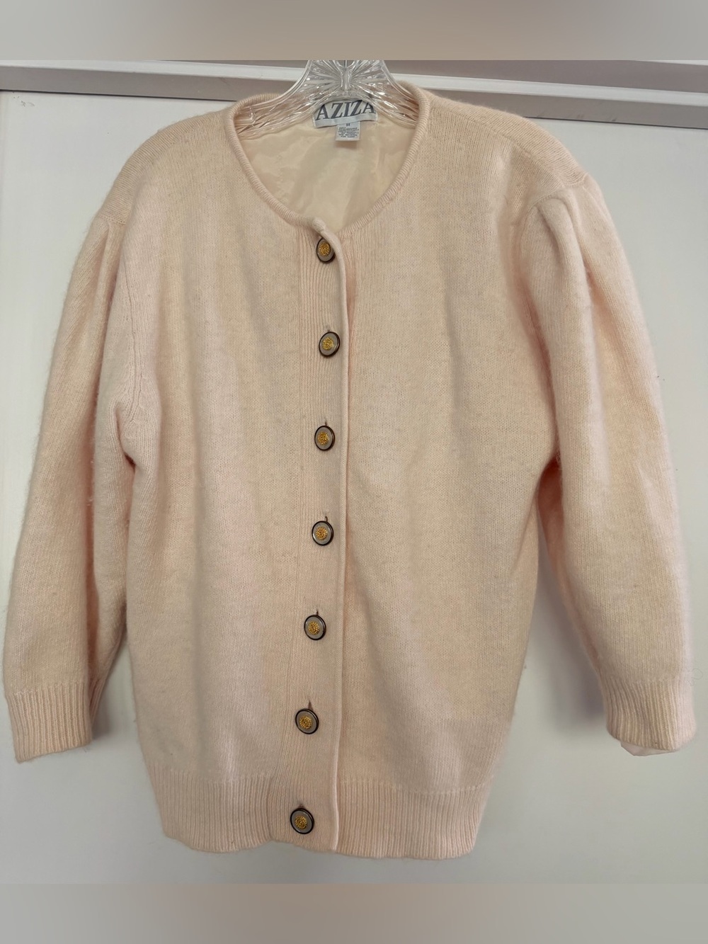 VTG Aziza Cream Ivory Angora Cardigan Sweater, Fully Lined, Size M 3/4 sleeves